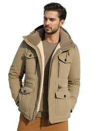Thumbnail for Man wearing a khaki winter jacket with a white background