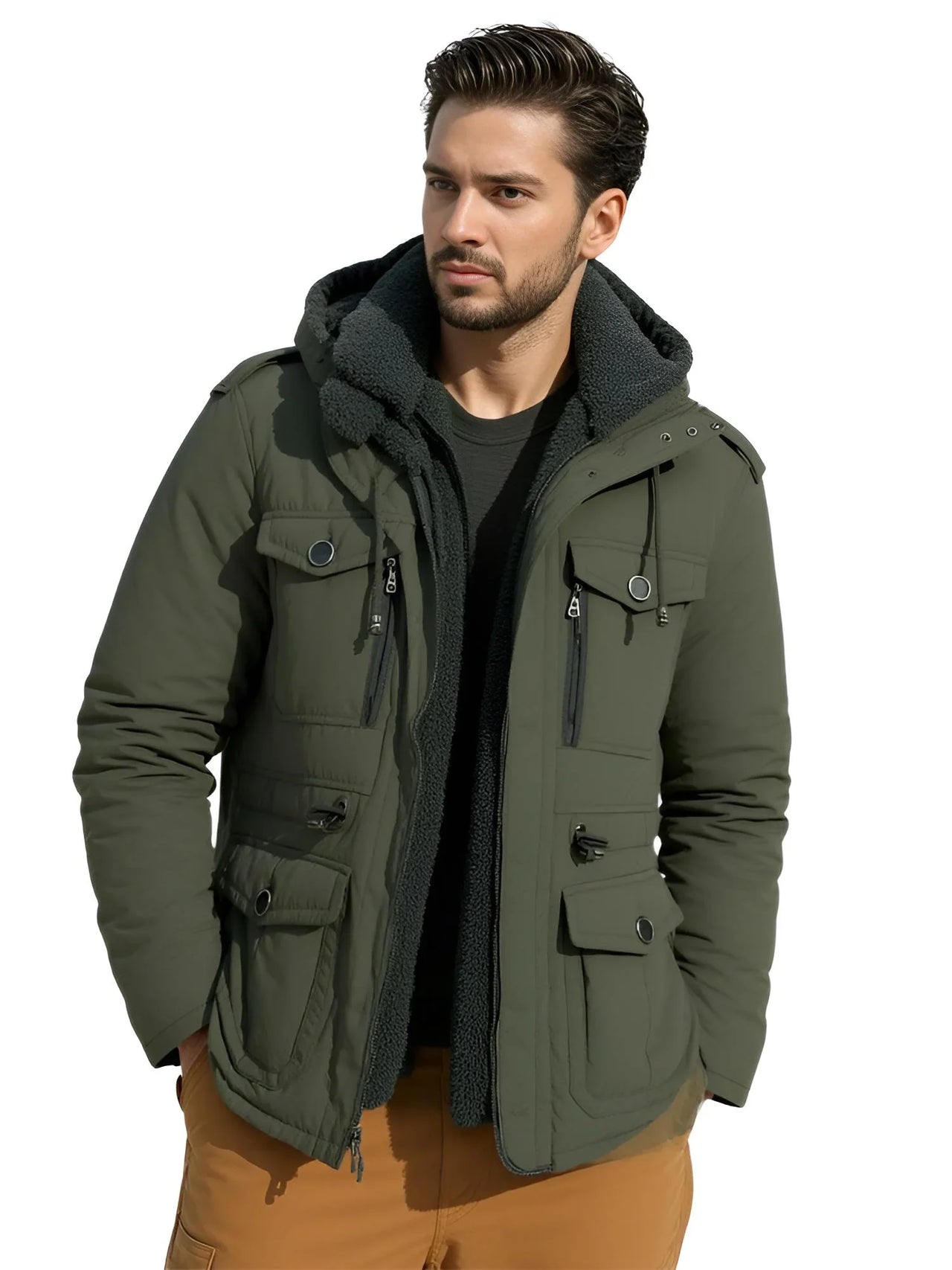 Man wearing an army green winter jacket with a white background