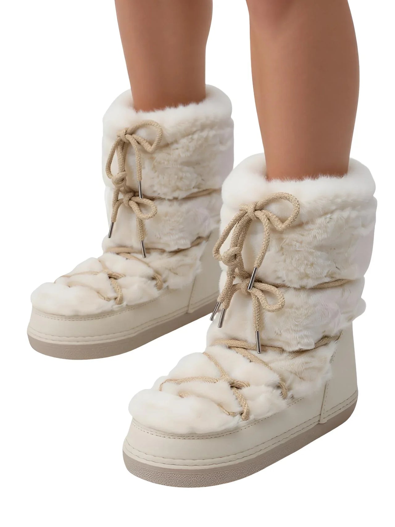 White winter boots with fur lining worn by a person on a white background