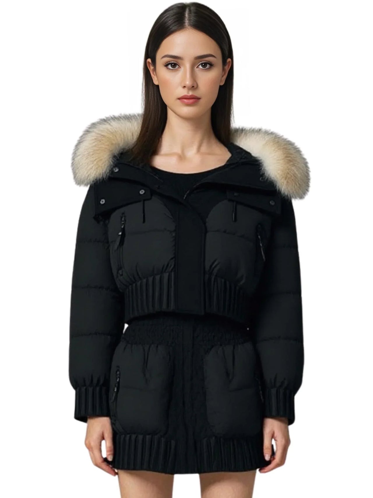 Woman wearing a black puffer jacket with a large fur hood on a white background