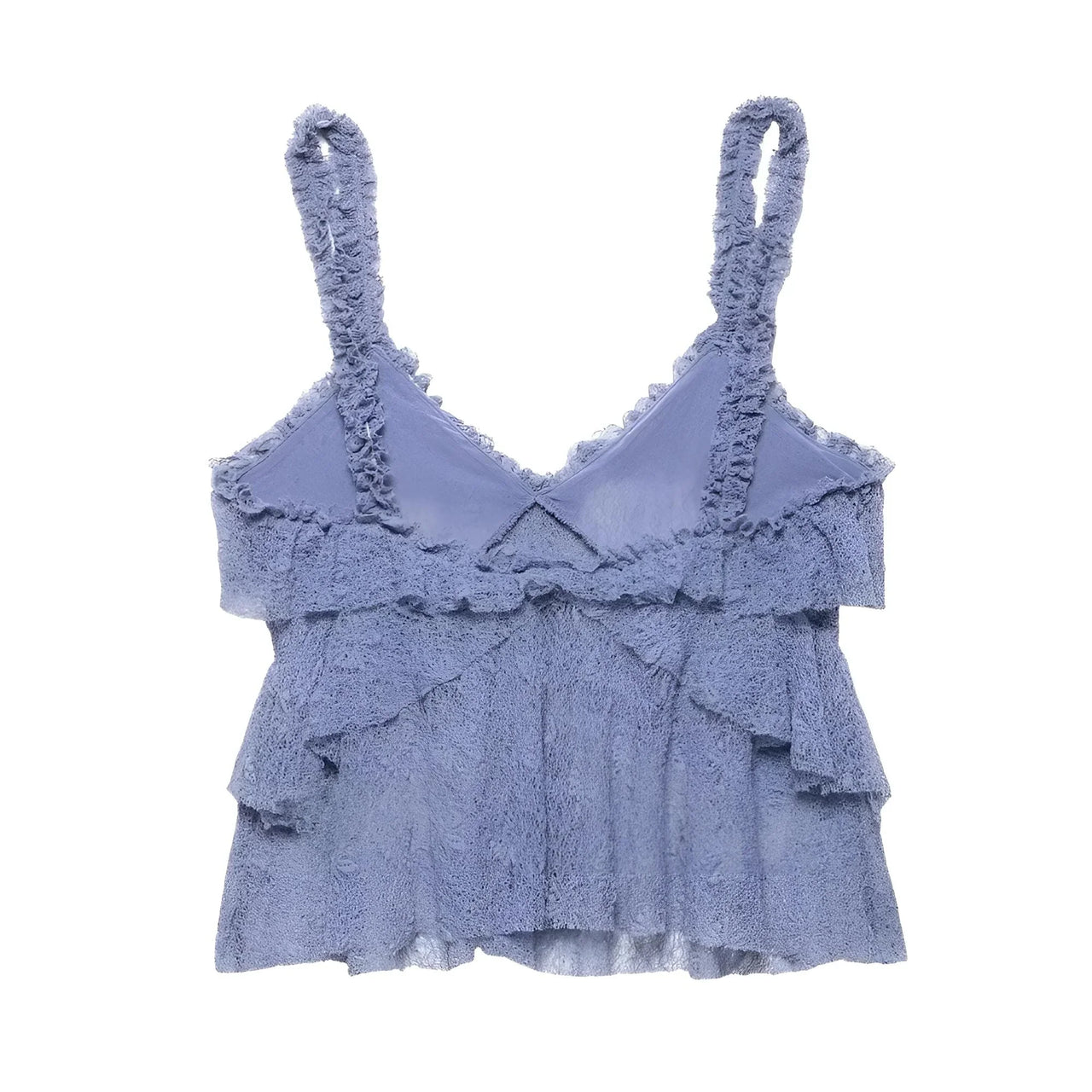 Blue lace top with ruffled details on a white background