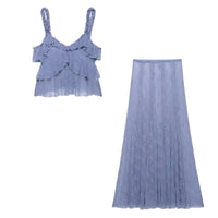 Thumbnail for Blue ruffled top and long skirt set on a white background