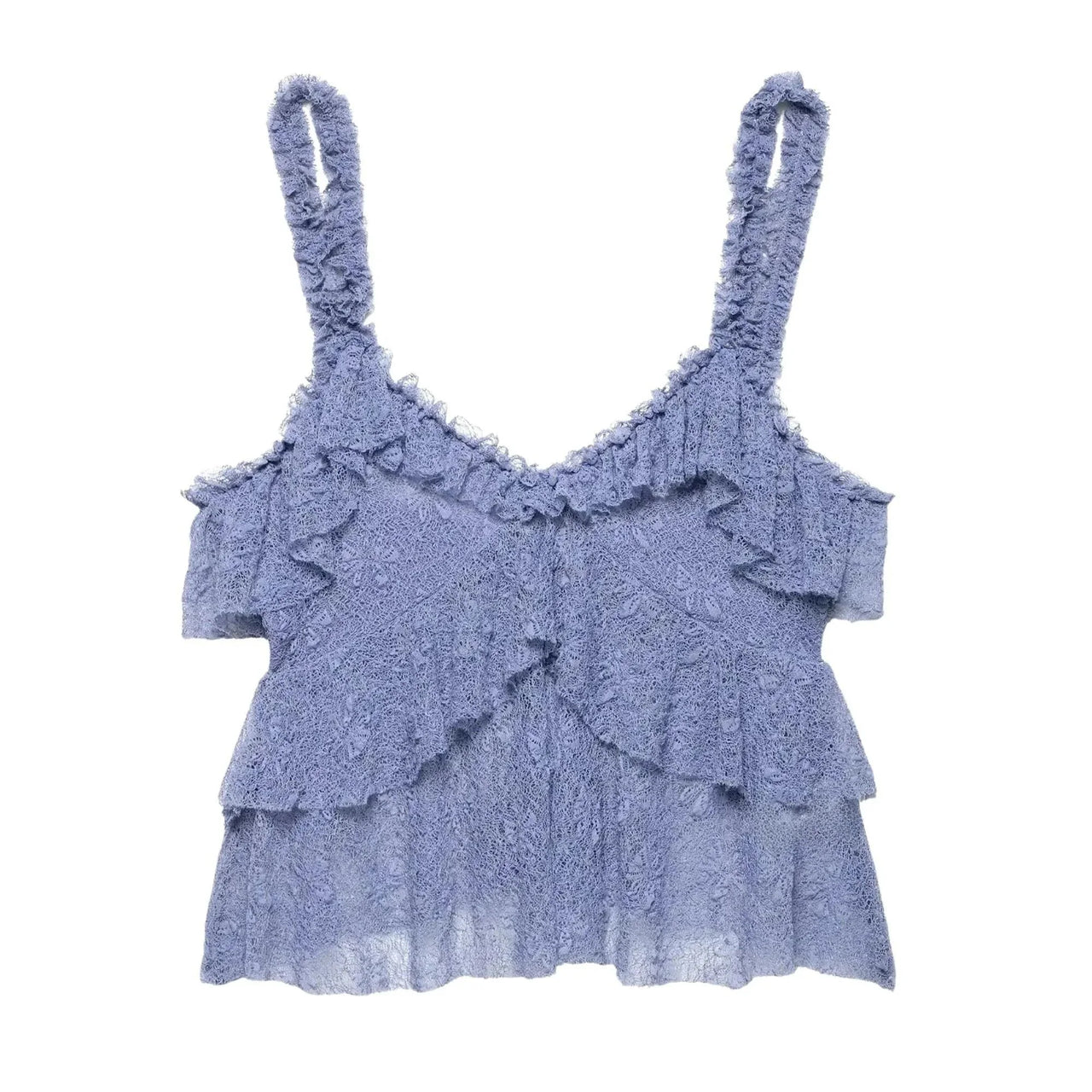 Blue lace top with ruffled layers on a white background