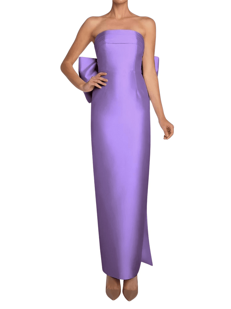 Elevate your evening look with the Women's Big Bow Backless Strapless Purple Satin Evening Gown. Shop at Drestiny today and save up to 50% off! Hurry, shop dresses, and take advantage of our unbeatable offer: free shipping and tax coverage!