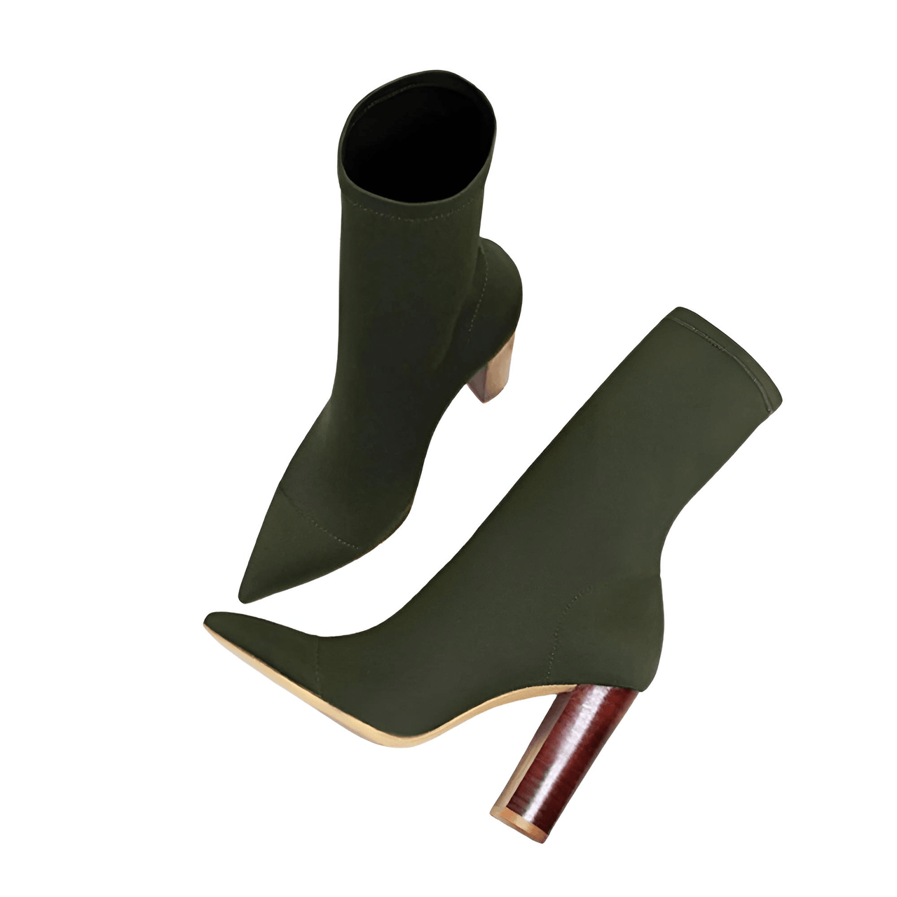 Olive green high-heeled sock boots on a white background.