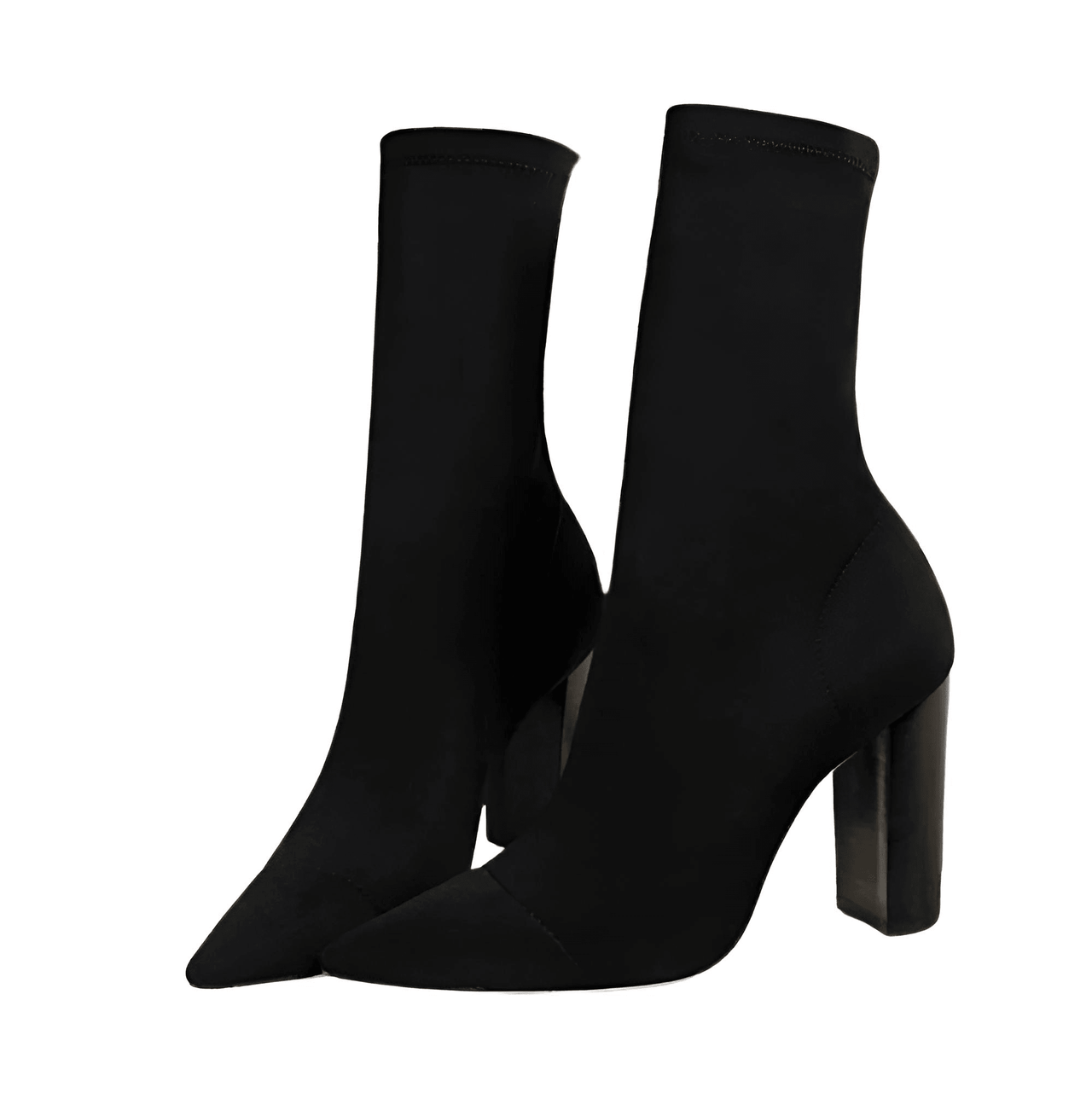 Black sock boots with black block heels on a white background
