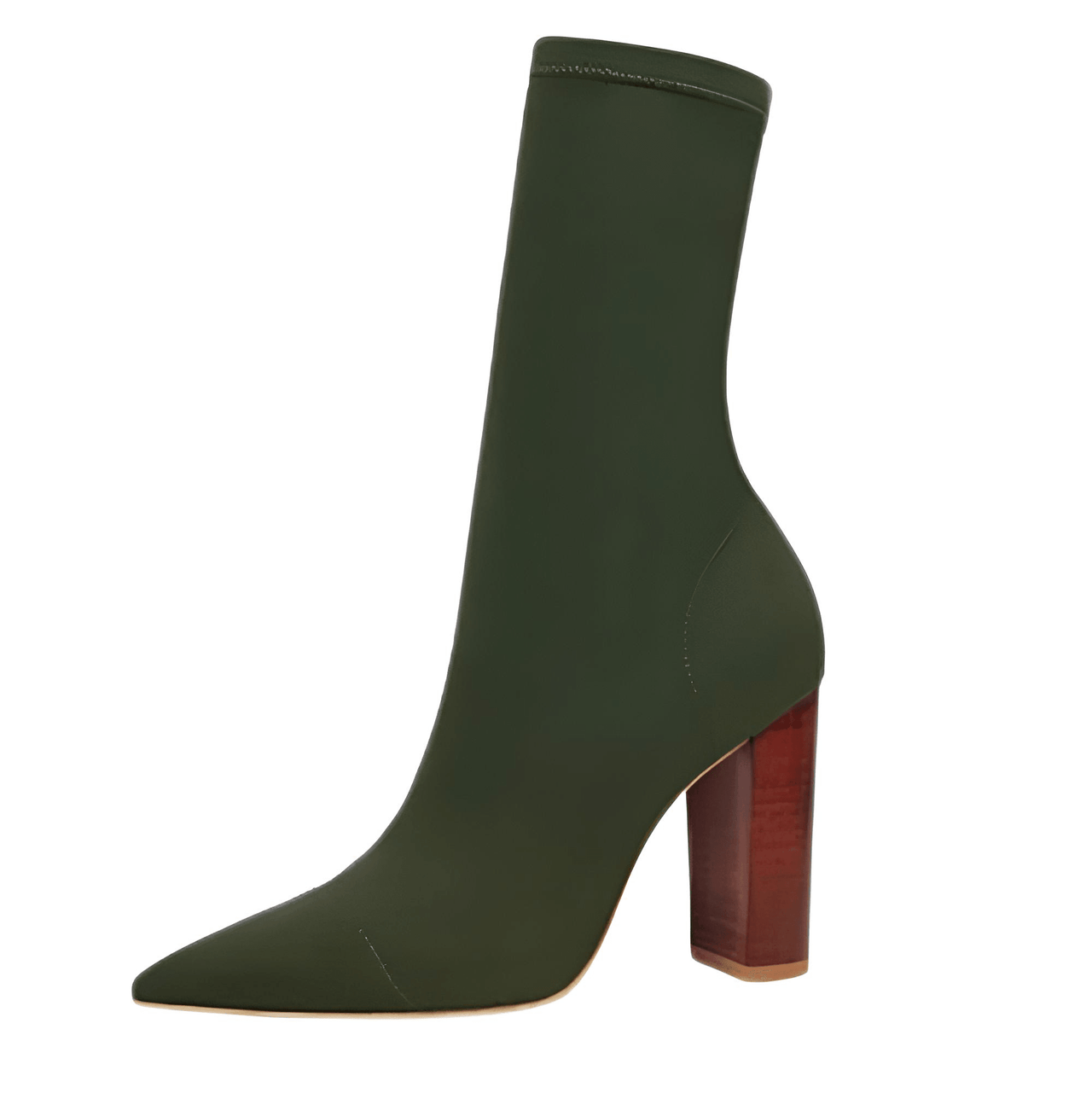 Olive green ankle sock boot with a brown heel on a white background