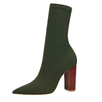 Thumbnail for Olive green ankle sock boot with a brown heel on a white background