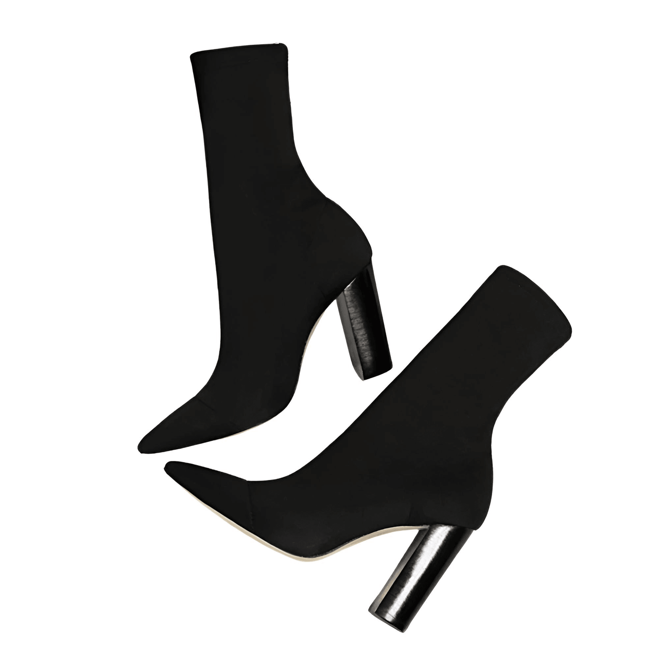 Black high-heeled ankle sock boots on a white background