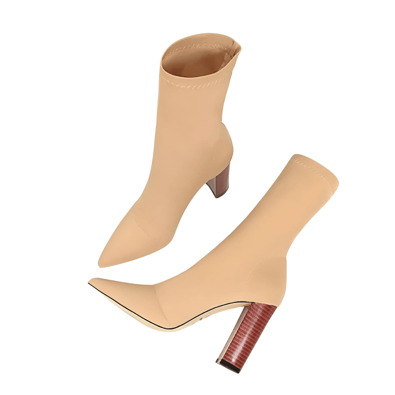 Apricot high-heeled ankle sock boots on a white background.