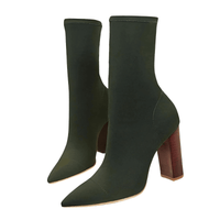 Thumbnail for Olive green ankle sock boots with brown block heel on a white background