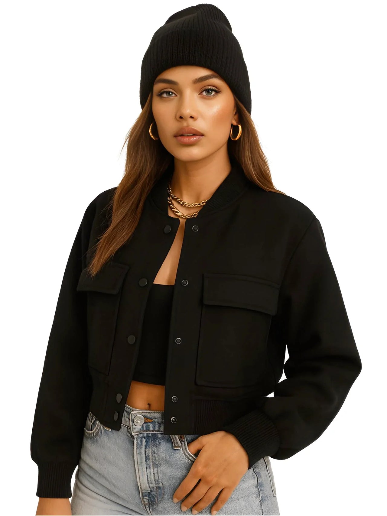 Woman wearing a black jacket, black beanie, and gold jewelry on a white background