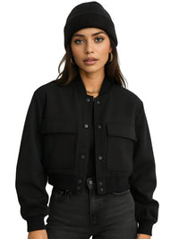 Thumbnail for Woman wearing a black bomber jacket and beanie on a white background