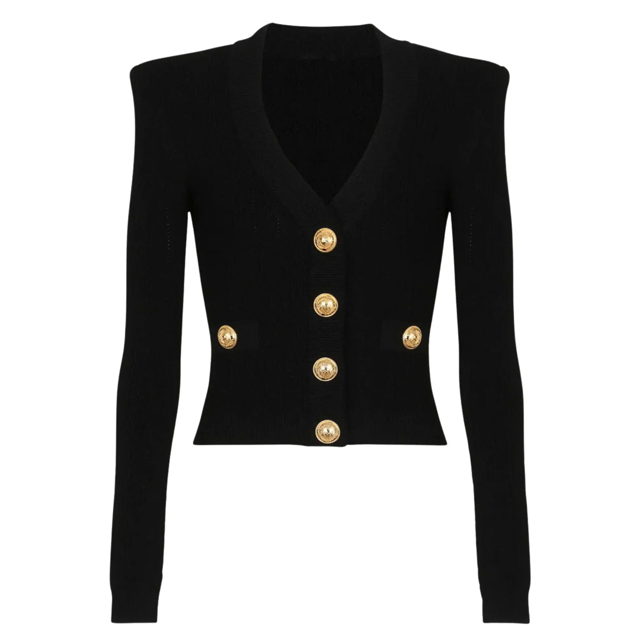 Black cardigan with gold buttons on a white background