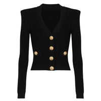 Thumbnail for Black cardigan with gold buttons on a white background
