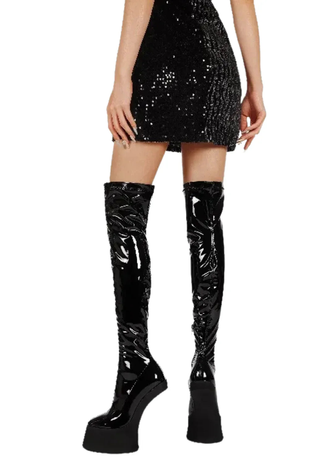Black sequin dress with matching thigh-high boots on a white background