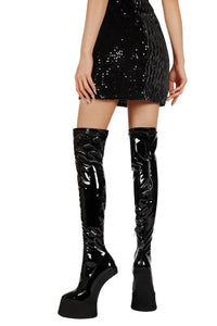 Thumbnail for Black sequin mini skirt with black platform boots on a white background