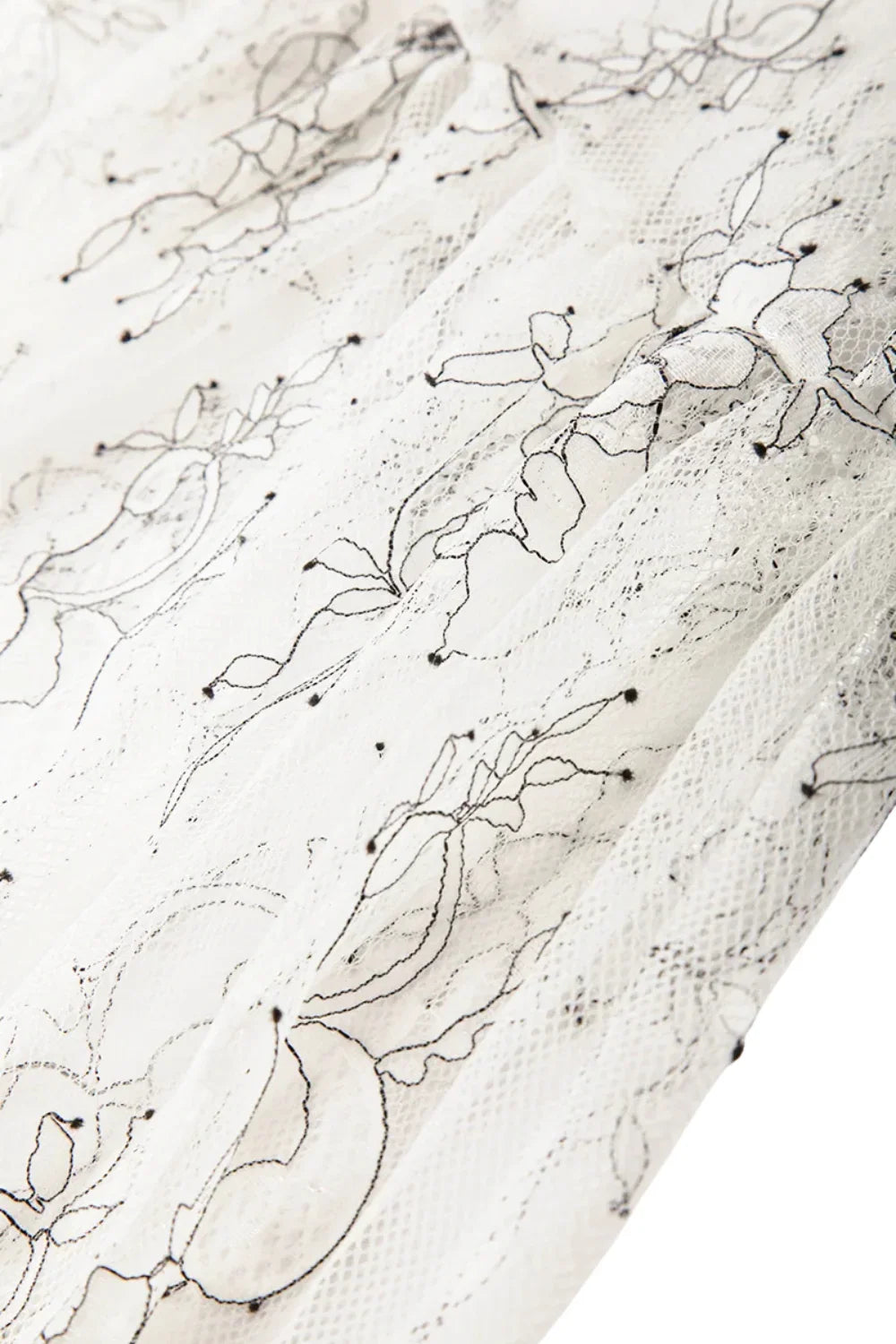 Close-up of textured lace with abstract black line art on fabric on a white background