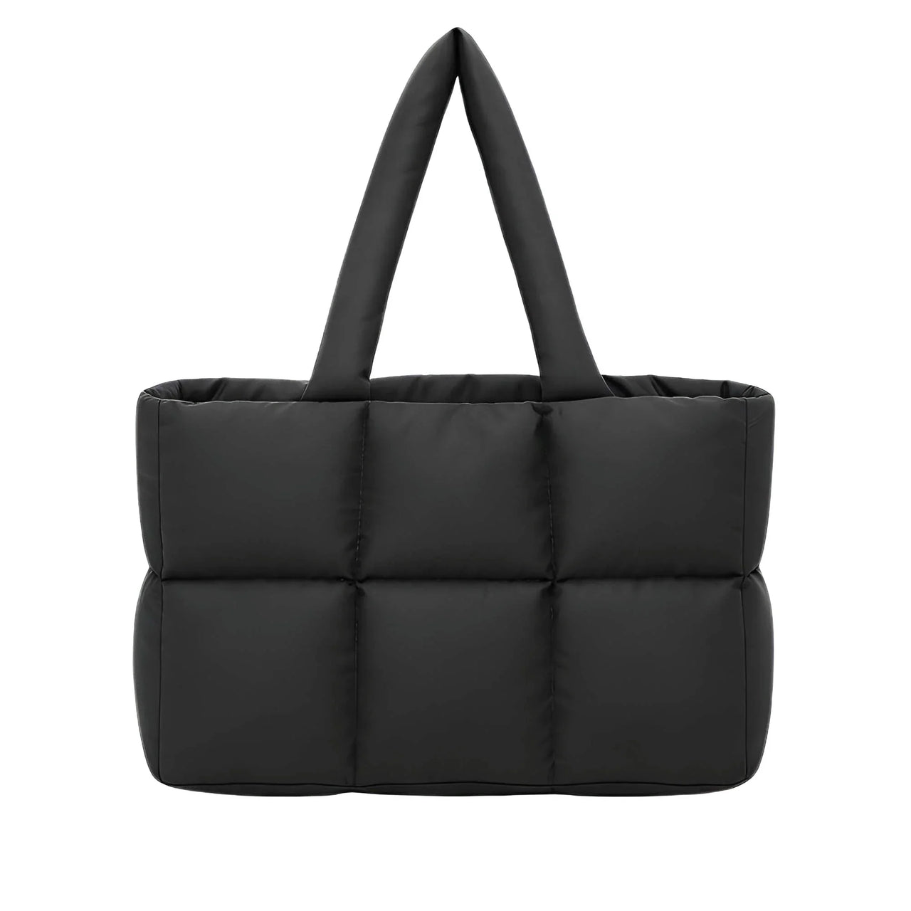 Black quilted tote bag on a white background