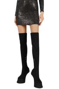 Thumbnail for Black sequin dress with over the knee-high black suede boots on a white background