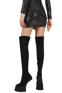 Thumbnail for Black over-the-knee boots worn with a black sequin dress on a white background