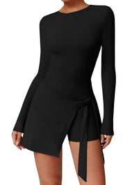 Thumbnail for Black long-sleeve dress with a tie detail on a white background