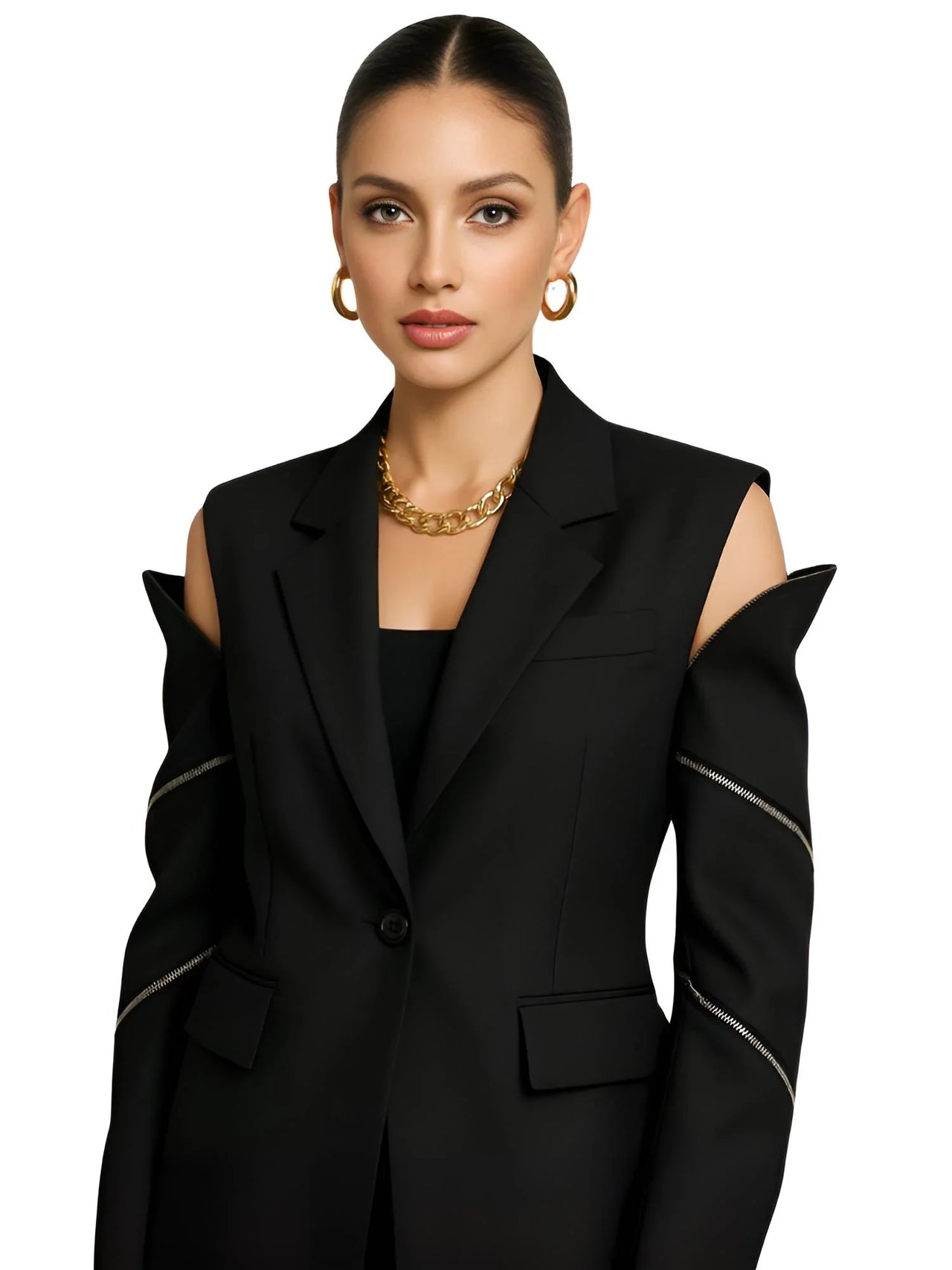 Woman wearing a black zipper blazer with zipper accents on a white background