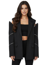 Thumbnail for Woman wearing a black blazer with cut-out shoulders and zippers on a white background