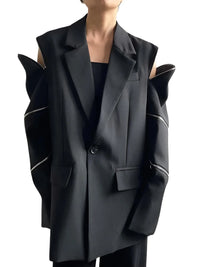 Thumbnail for Black zipper blazer with open cold shoulders on a white background