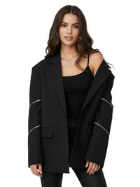 Thumbnail for Woman wearing a black blazer with zippers on a white background
