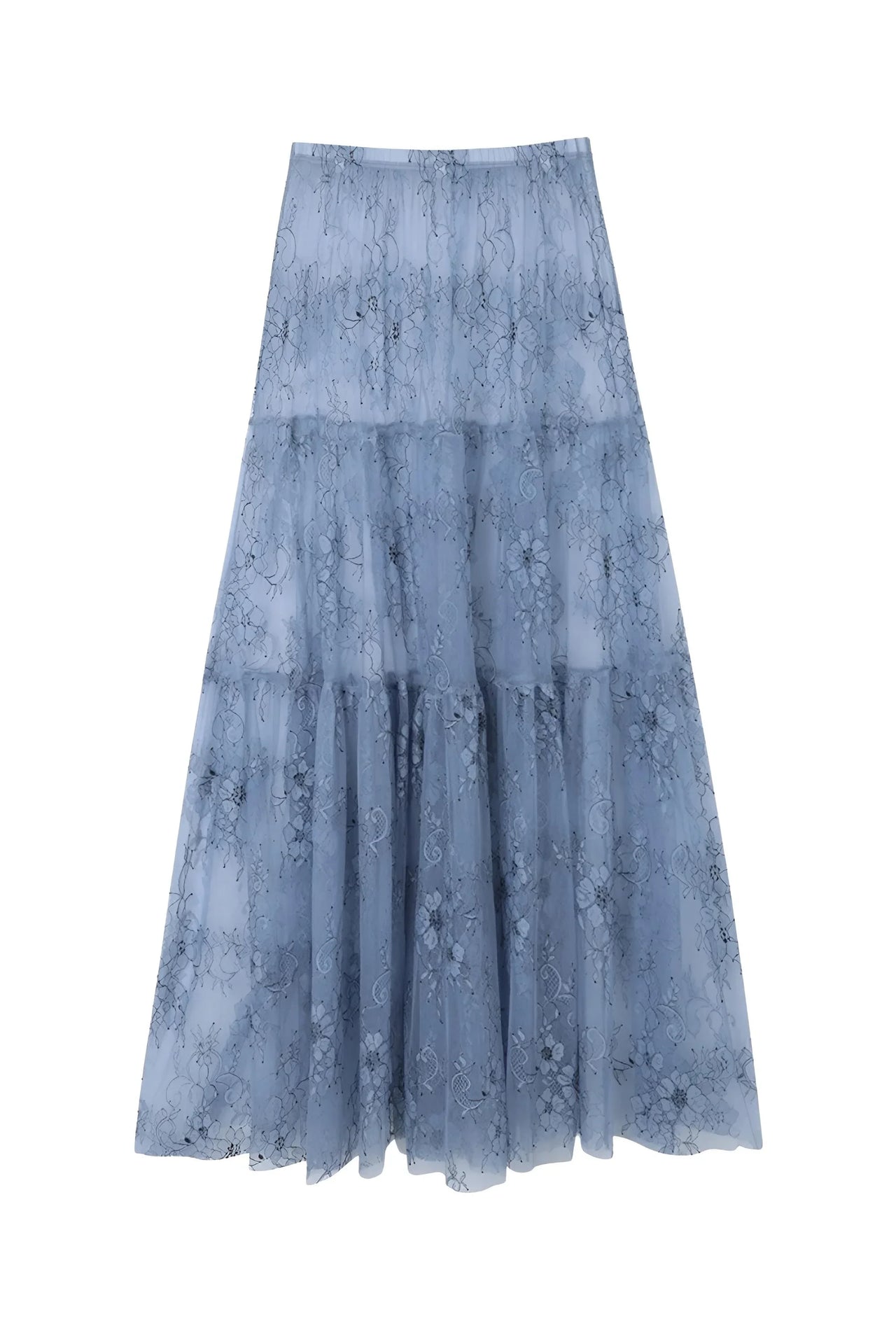 Blue lace maxi skirt on a white background