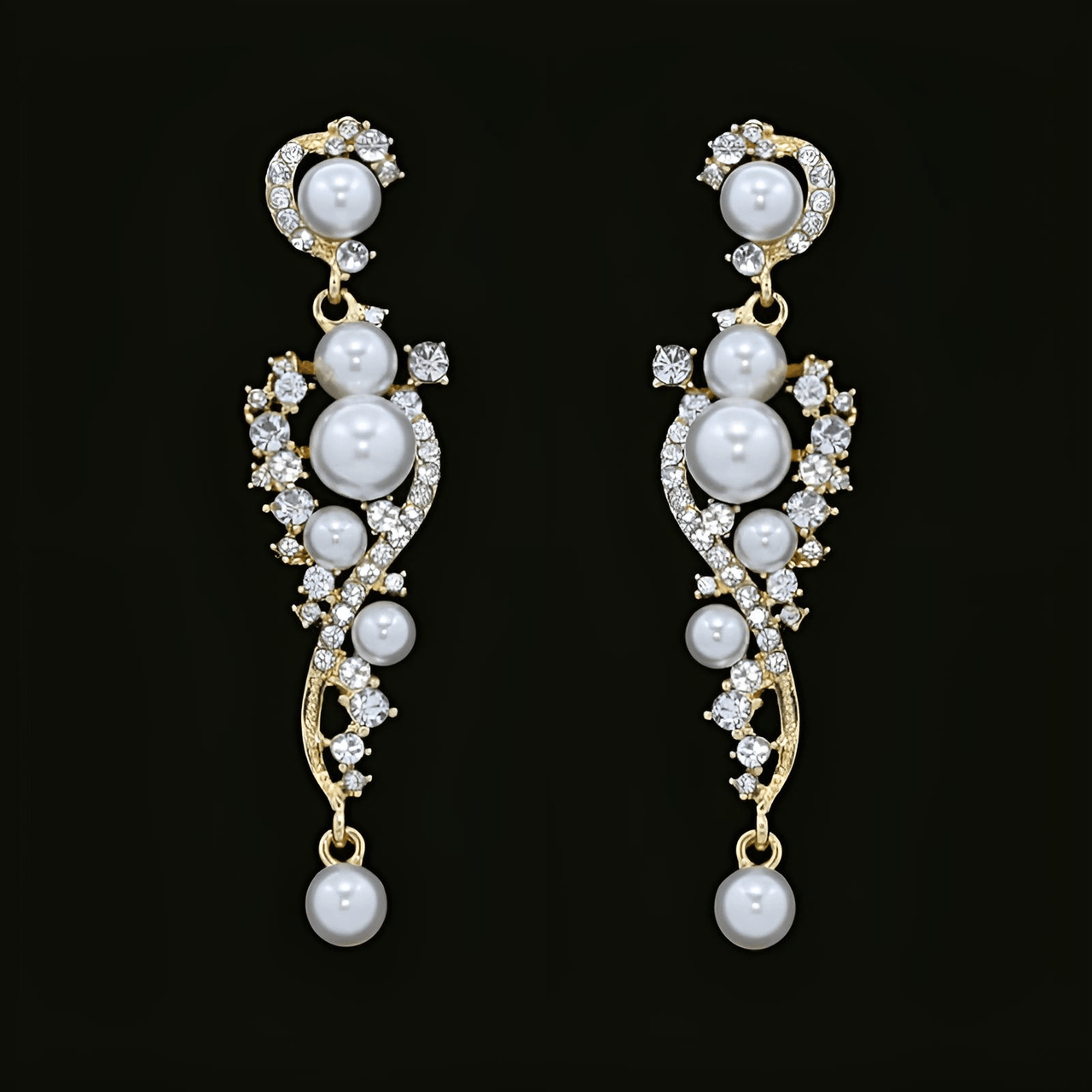 A pair of bridal earrings featuring a drop design with a cluster of simulated pearls and sparkling rhinestones, with gold plating.
