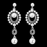 Thumbnail for A pair of bridal earrings featuring a drop design with a cluster of simulated pearls and sparkling rhinestones, with gold plating.