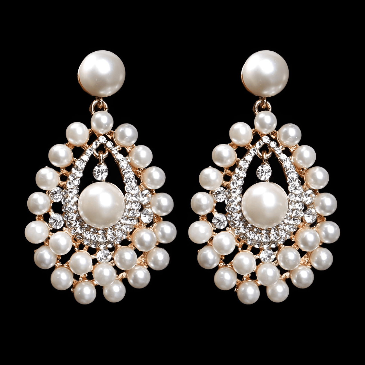 A pair of bridal earrings featuring a drop design with a cluster of simulated pearls and sparkling rhinestones, with gold plating.