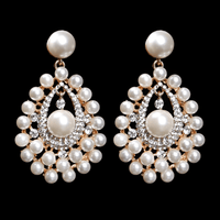 Thumbnail for A pair of bridal earrings featuring a drop design with a cluster of simulated pearls and sparkling rhinestones, with gold plating.
