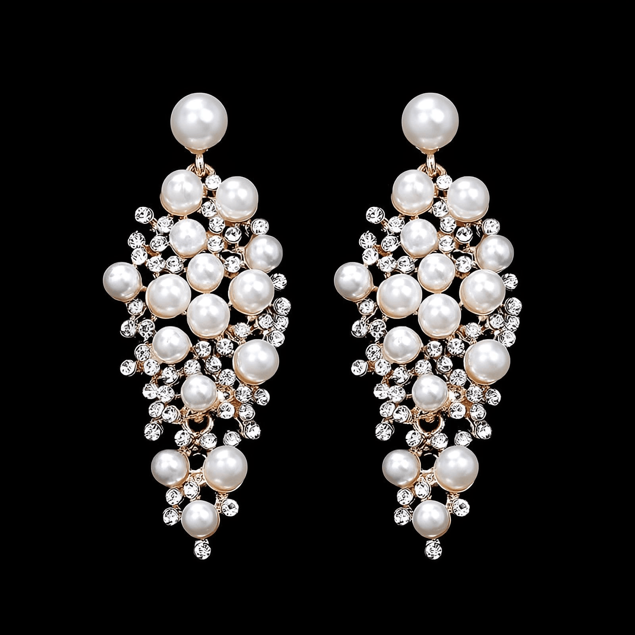 A pair of bridal earrings featuring a drop design with a cluster of simulated pearls and sparkling rhinestones, with gold plating.