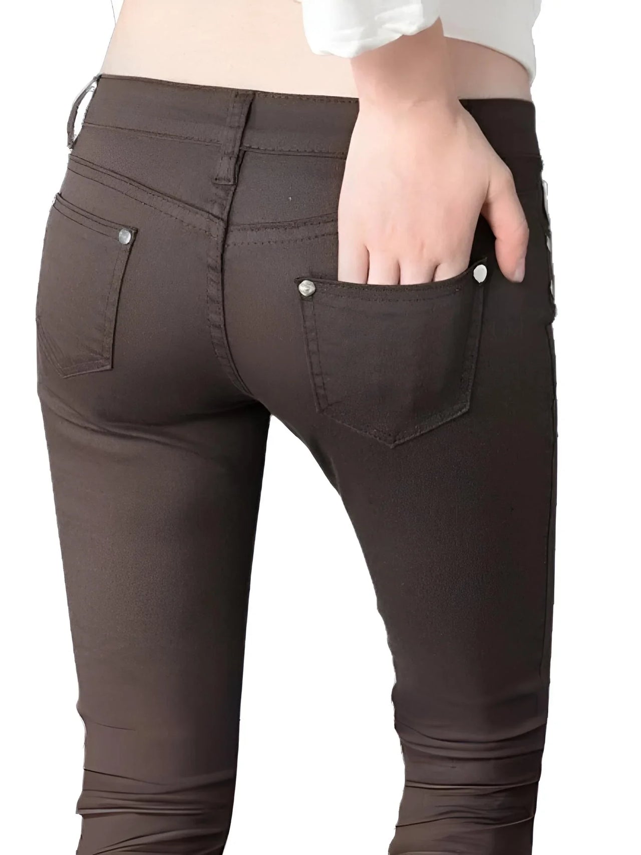 Brown pants with a hand in the pocket on a white background