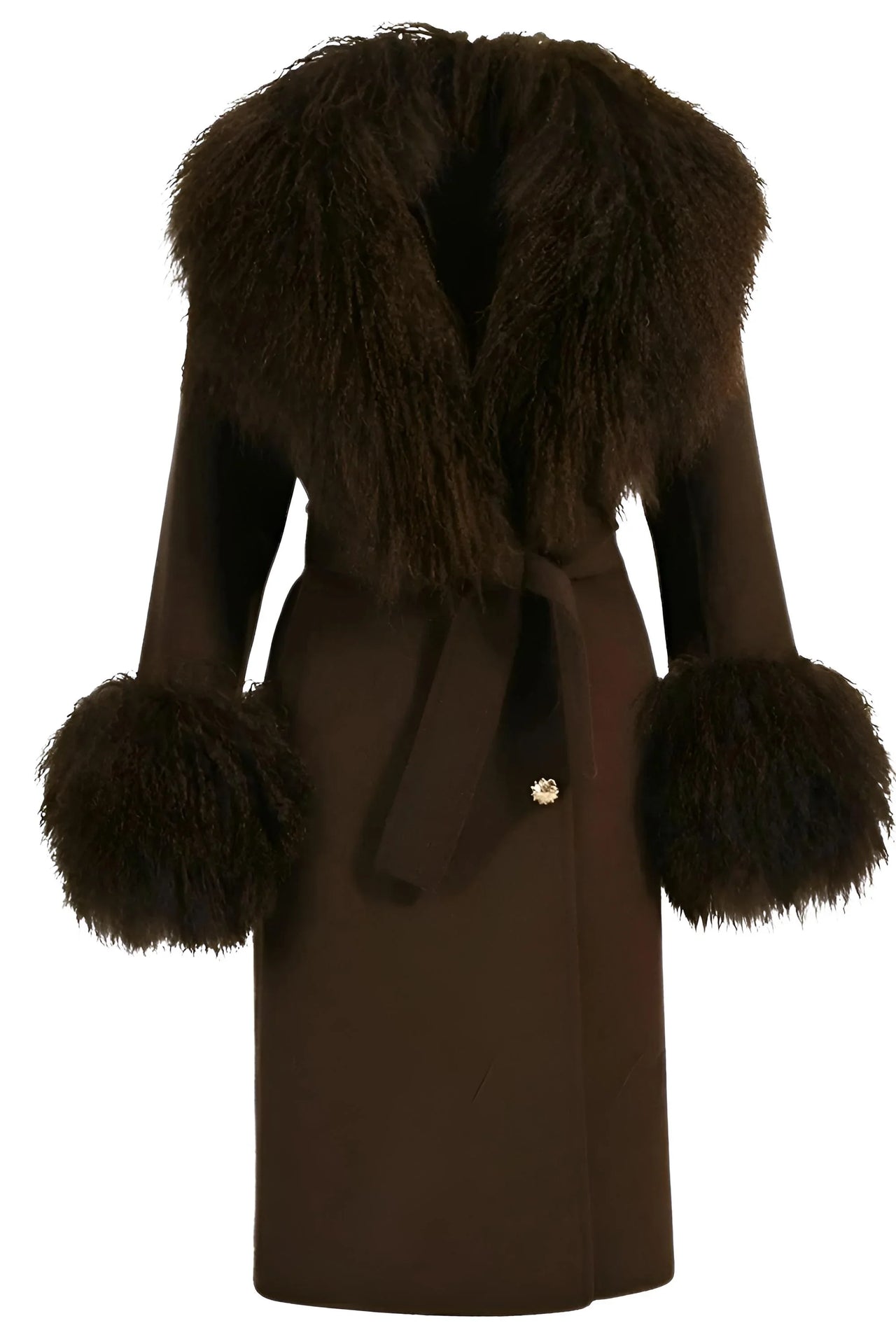 Brown wool and cashmere coat with fur collar and cuffs on a white background