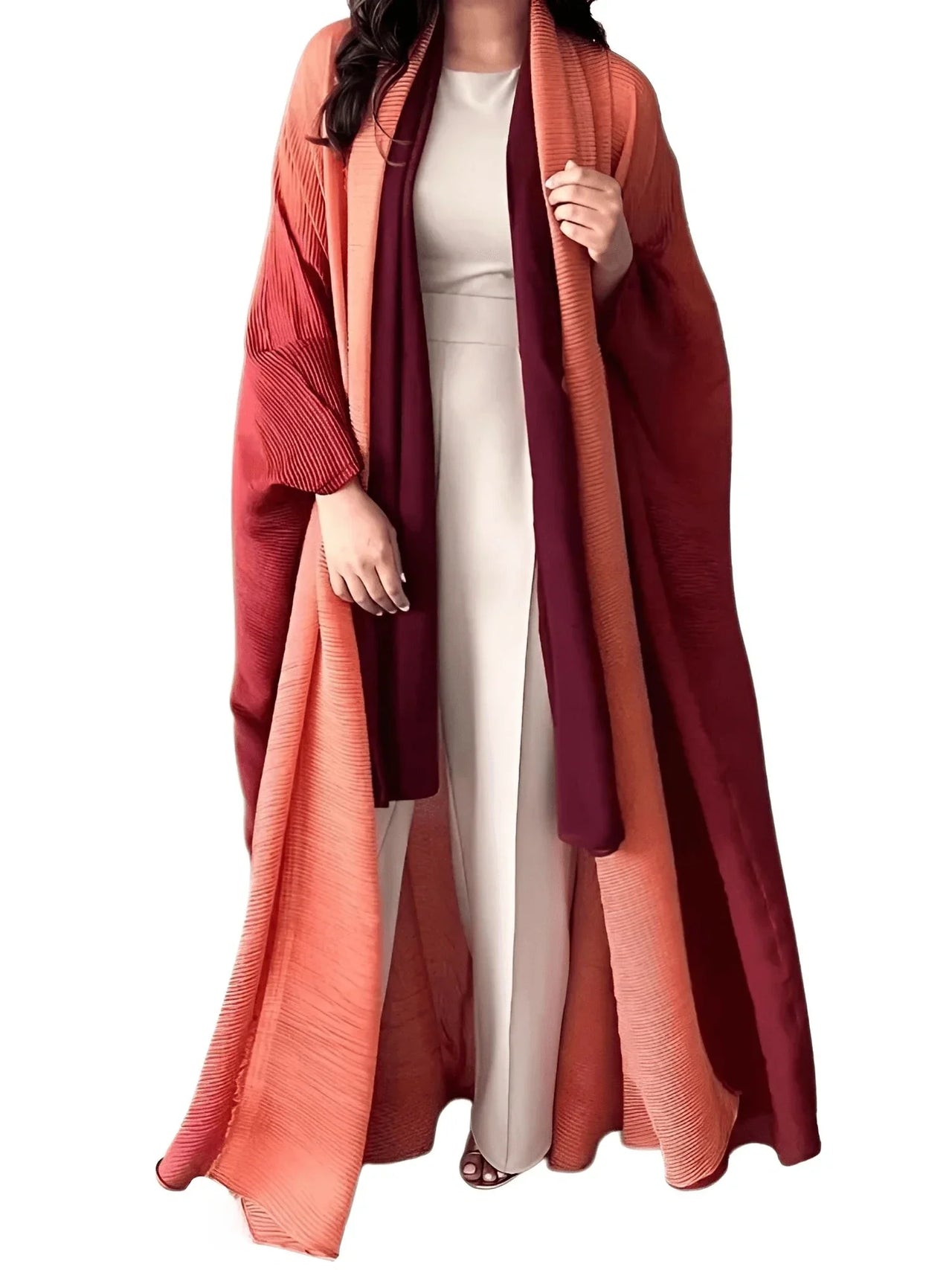 Women's Gradient Pleated Jacket Bat Sleeve Scarf Collar Long Jacket Female Fashion Clothing