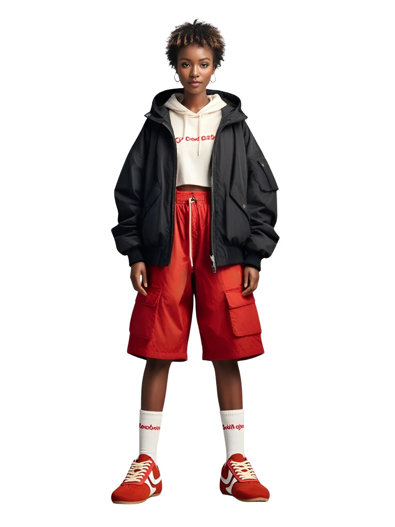 Person wearing a black jacket, red shorts, and red sneakers on a white background