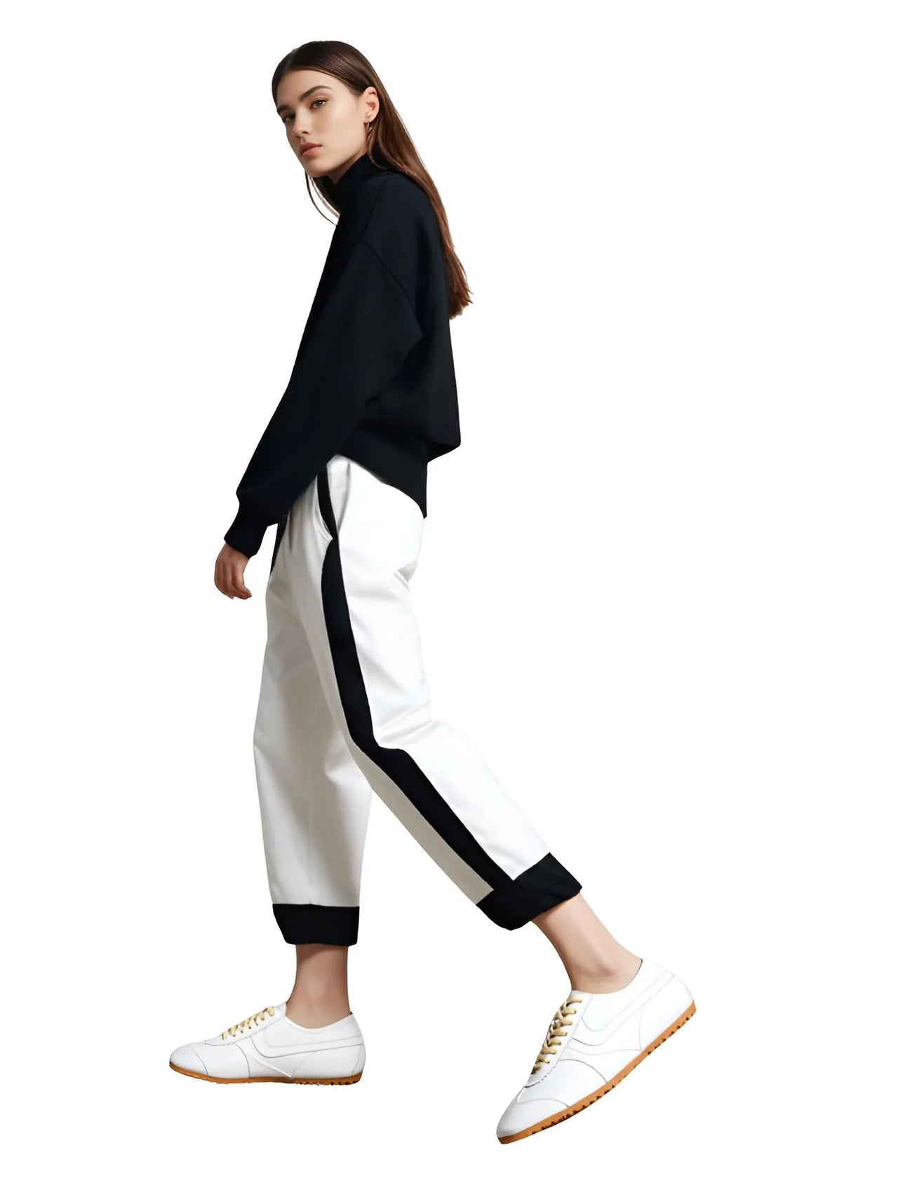 Woman wearing a black top and white pants with black stripes with white sneakers on a white background