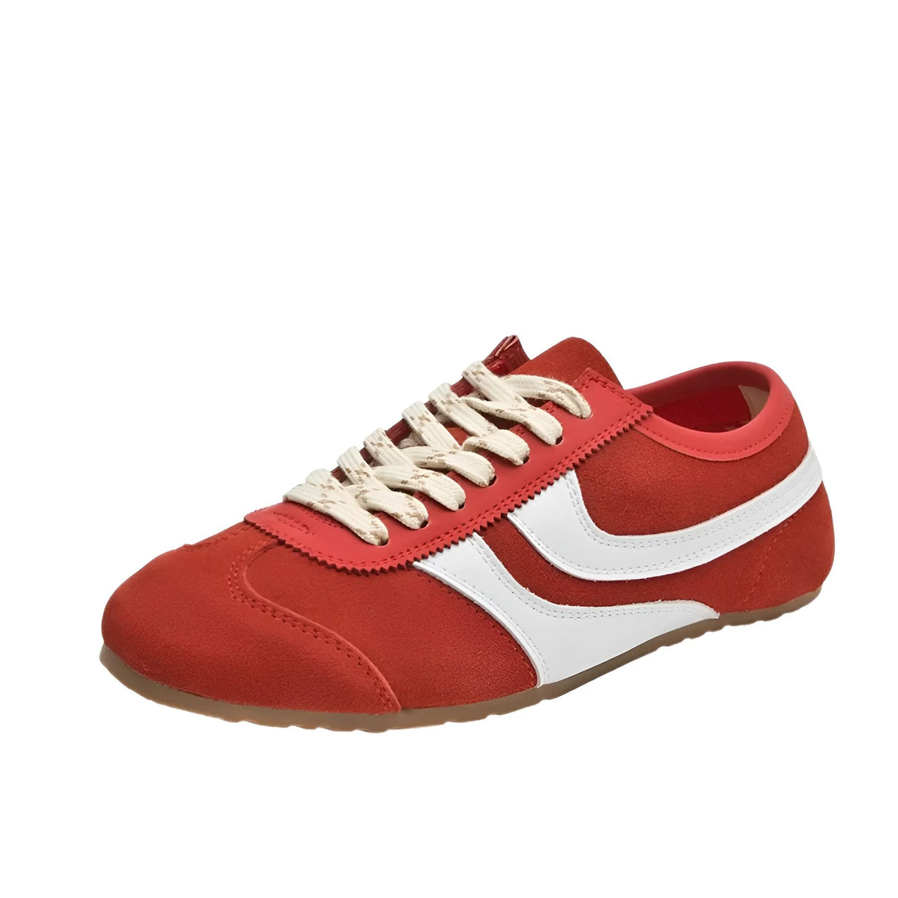 Red sneakers with a white stripe on a white background