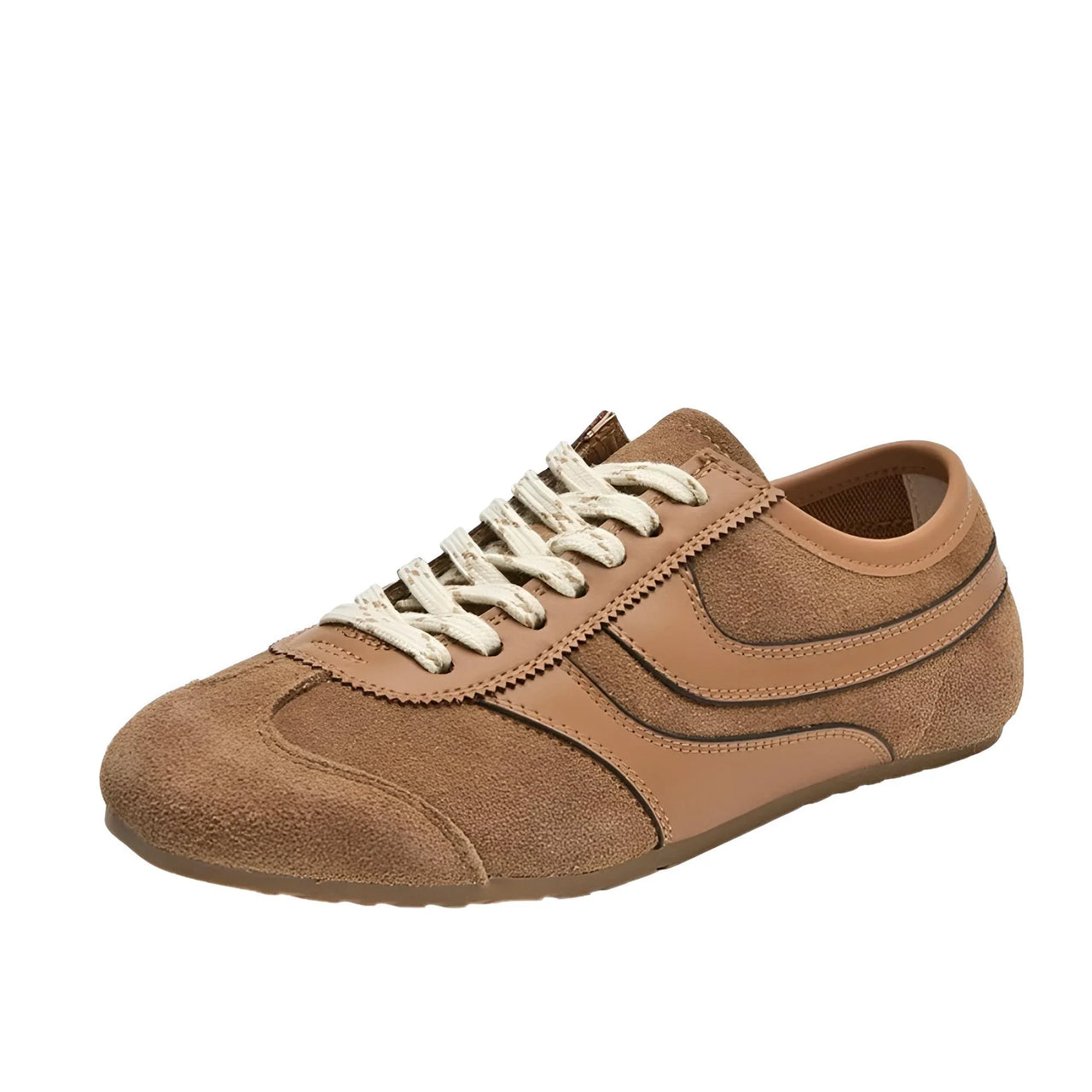 Brown leather sneakers with white laces on a white background