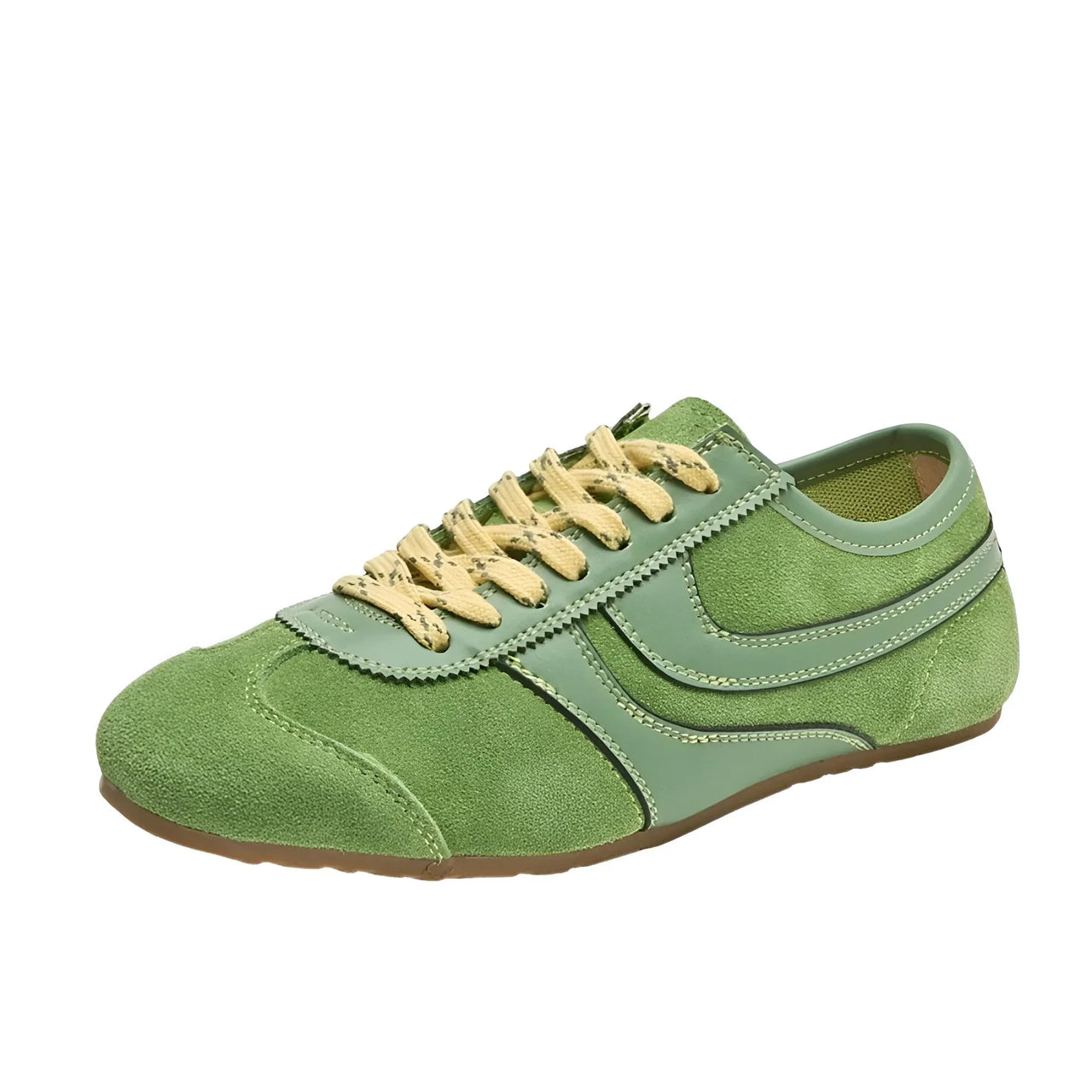 Green leather sneaker with yellow laces on a white background