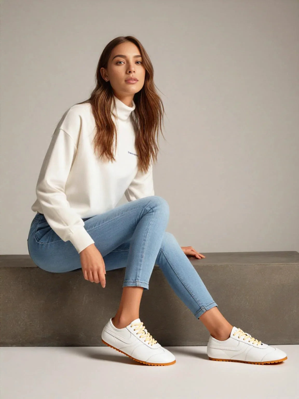 Woman wearing a white sweater, blue jeans, and white leather sneakers sitting on a ledge.