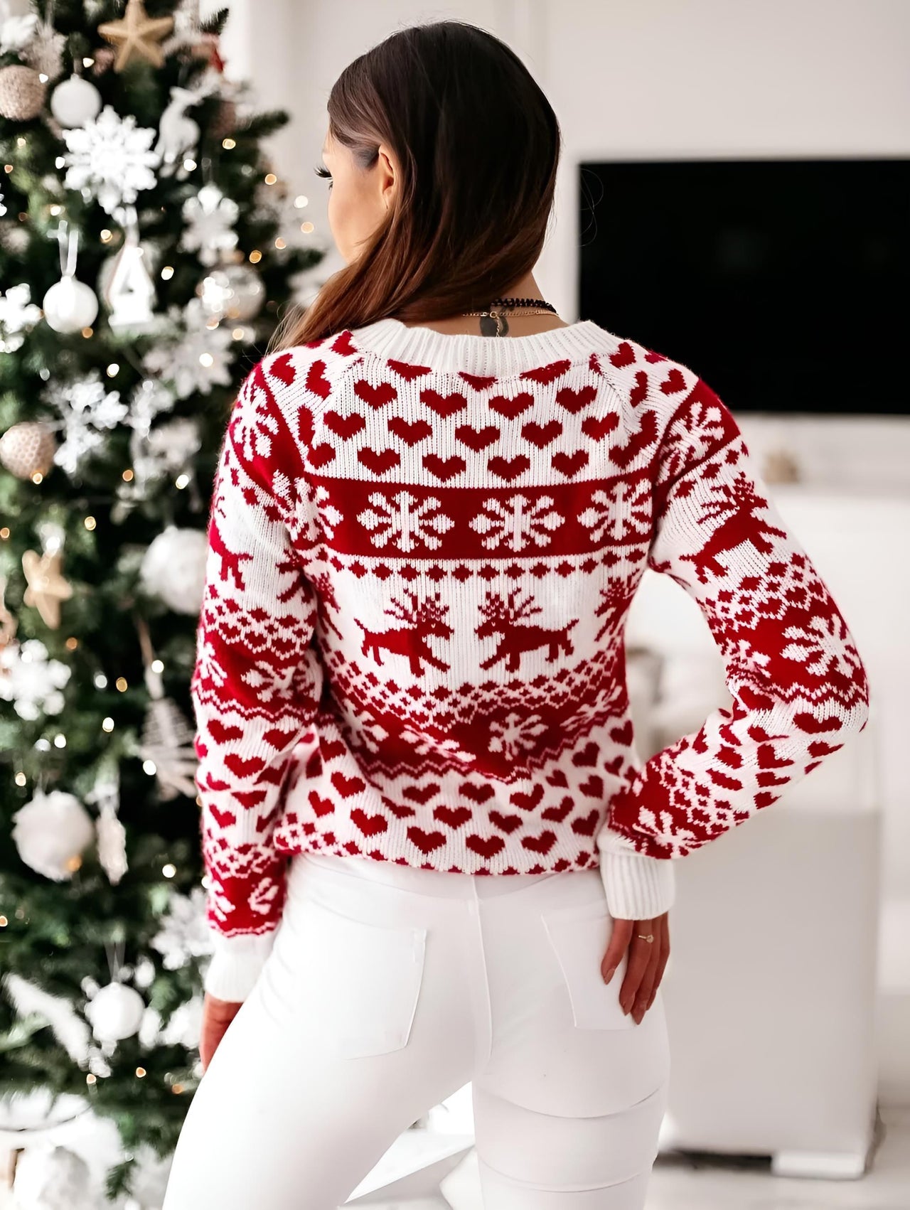 Women's Christmas Sweaters Winter Pullover Tops Casual Long Sleeve Print Knitted Sweater Women Clothes, Drestiny, Sweaters, Pullovers, United States, Canada, Australia, New Zealand, United Kingdom, Long Sleeves, S, M, L, XL, XXL, 2XL, 4, 6, 8, 10, 12, Red, White, shopdrestiny.com