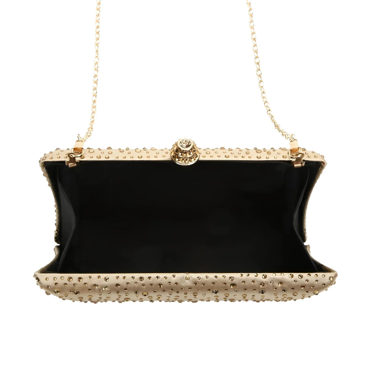 Gold clutch bag with gold embellishments on a white background
