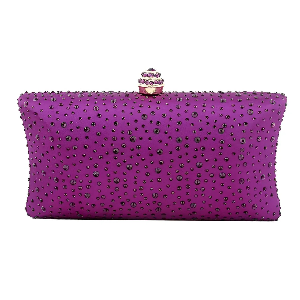 Purple clutch bag with black embellishments on a white background