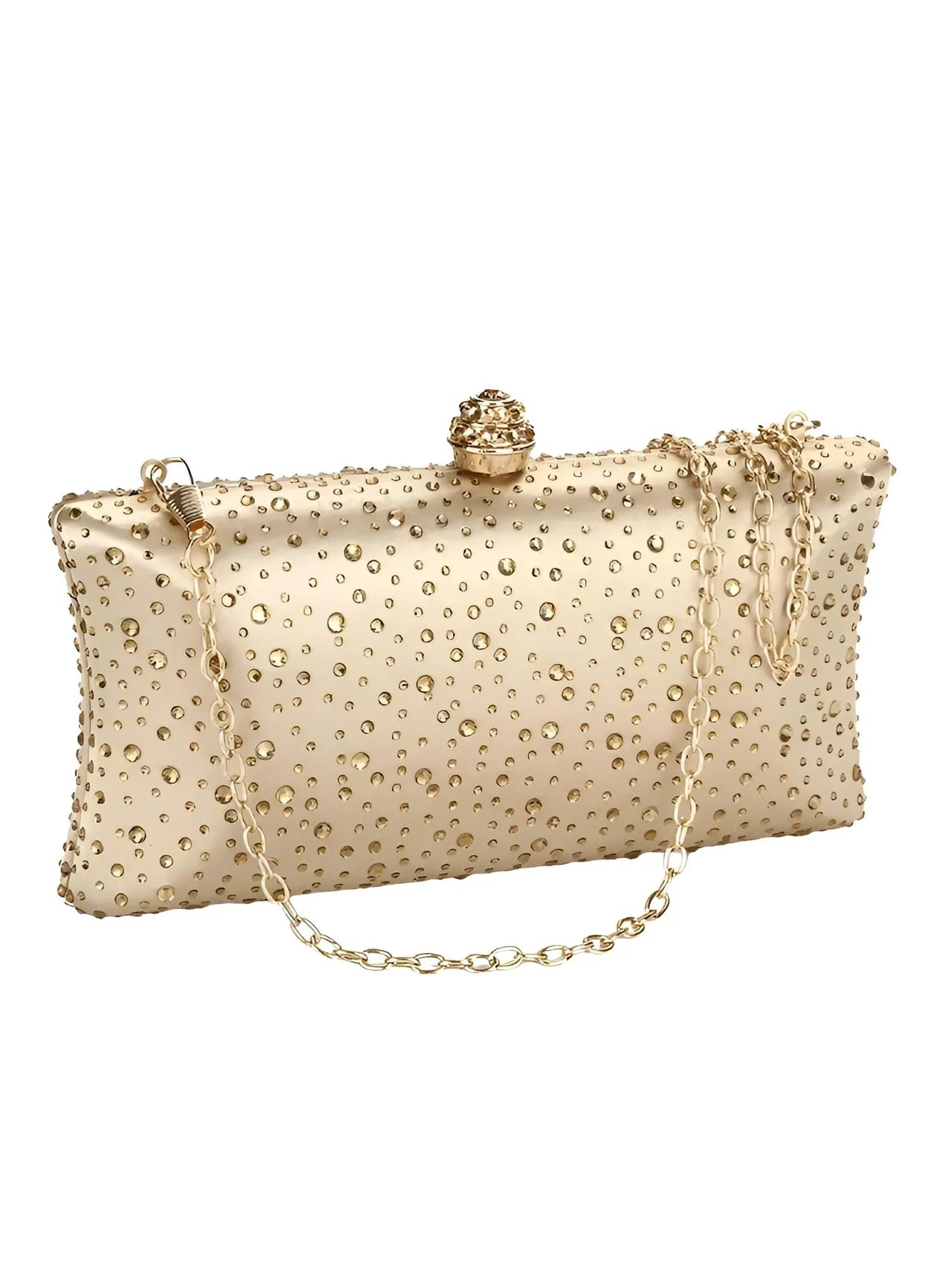 Gold clutch bag with chain strap on a white background