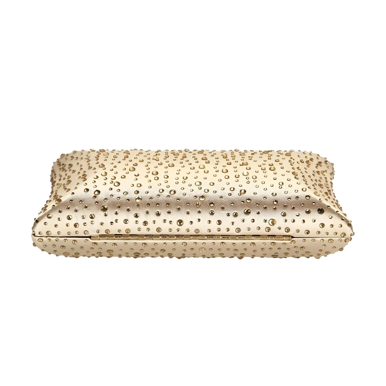 Gold clutch with rhinestone embellishments on a white background